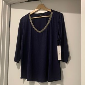 NWT Navy 3/4 Sleeve Embellished Tee